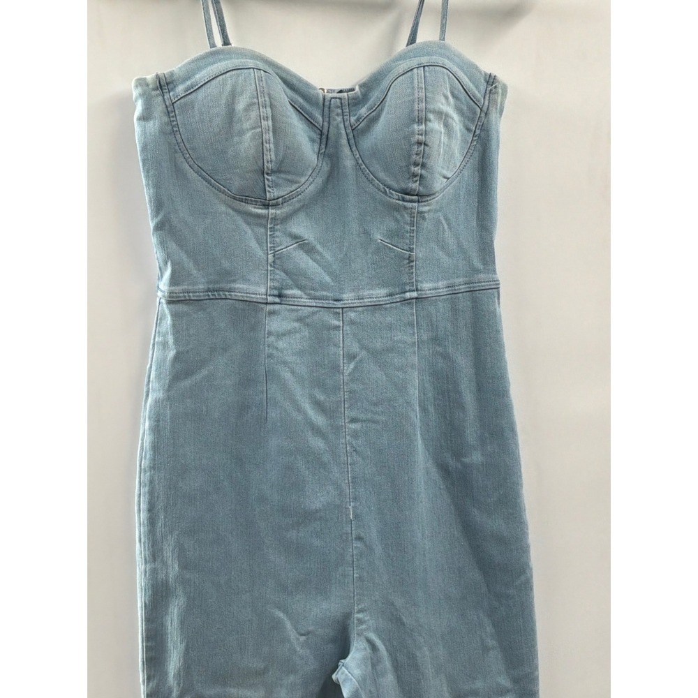 Haute Monde Womens Light Wash Denim Bustier Jumpsuit Small Blue Stretch Strappy